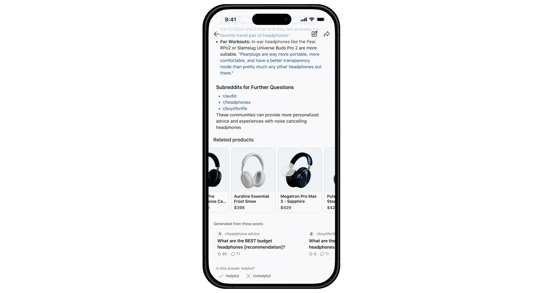 Reddit完整购物体验 — 商品卡片 + 社区讨论来源 + 反馈按钮
